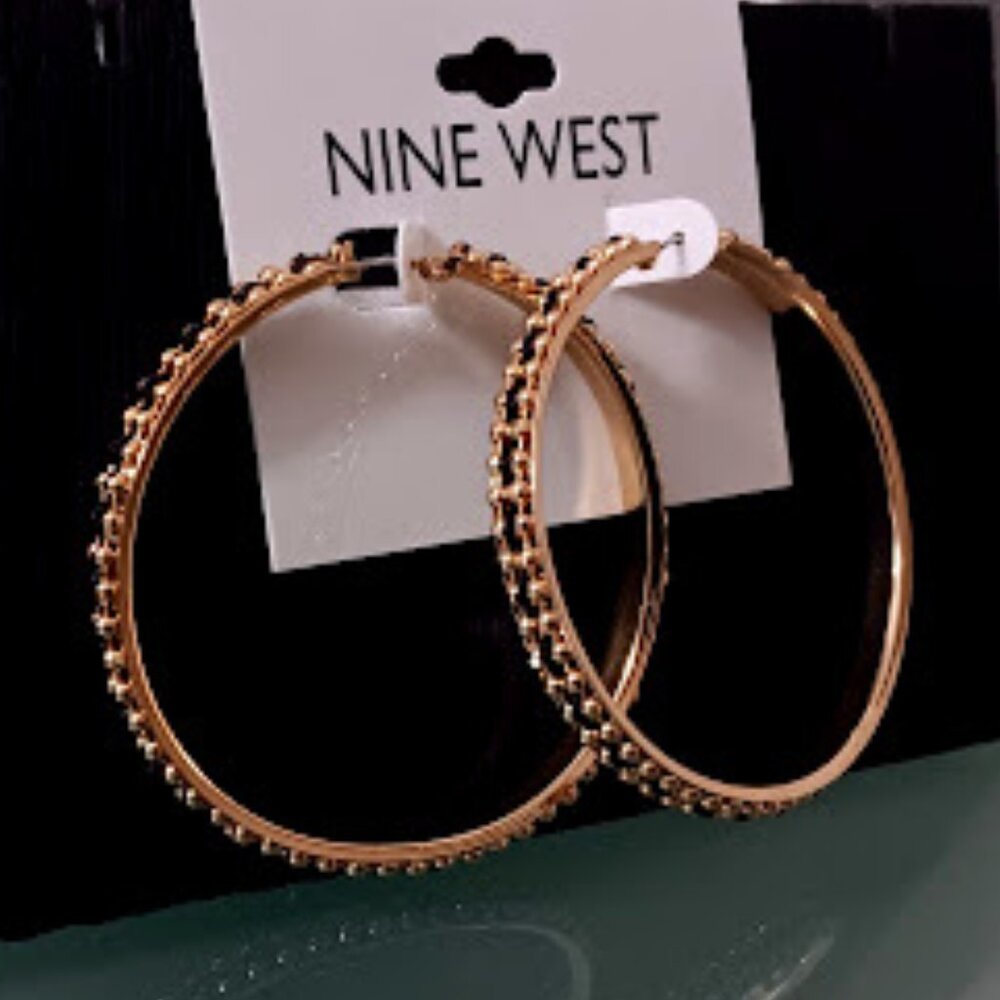 NINE WEST Mod/Contemporary Gold Black Woven & Bead Hoop Earrings**NEW! - Picture 3 of 3